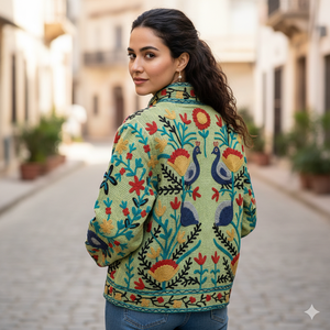 เสื้อแจ็คเก็ตสั้นสีเขียวอ่อนสไตล์วินเทจปักลายซูซานี ทำมือ ผ้าวาฟเฟิล เหมาะสำหรับใส่ในฤดูหนาว  ไซส์เดียว ใส่ไปงานปาร์ตี้ได้ - Product Image 2