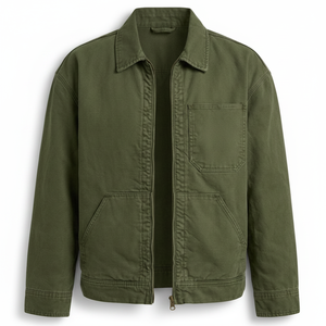 Chaqueta de Mezclilla Verde Oliva para Hombre con Cierre de Cremallera, Corte Regular, Color Sólido, Estilo Casual para Otoño, Bolsillos, Detalle de Costuras - Product Image 1