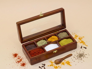 Boîte à épices en bois de qualité supérieure avec cuillère, 7 compartiments fixes, organisateur de rangement pour épices de cuisine, conteneur à épices en bois Namak Dani - Product Image 4