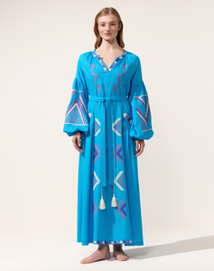 Women Turquoise Cotton Maxi Dress Geometric Embroidery <b>Balloon</b> Sleeve V Neck Tie Waist Boho Dress - Product Image 1