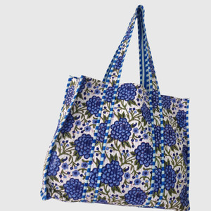 Sac fourre-tout en coton à motif floral bleu, style bohème, ouvert en haut, pour le shopping toutes saisons - Product Image 4