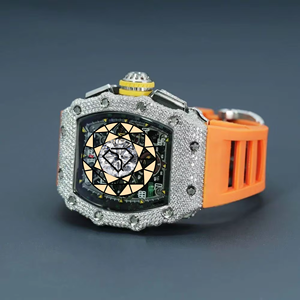 Handmade Iced Moissanite Quartz Stainless Steel Square <b>Case</b> Men's <b>Watch</b> Skeleton Dial Crystal Dial 46mm Hip Hop Sport Orange - Product Image 2