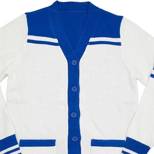 OEM Manufacturer <b>women</b> Fashion Winter V Neck Front Buttons Patch Pockets <b>Short</b> Varsity Jacket <b>Cardigan</b> Button Closure White Blue - Product Image 2