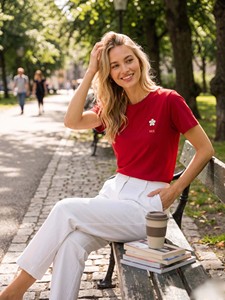 <b>Rhinestone</b> Custom Floral Motif Bright Red women's shirt Round Neckline Relaxed Fit <b>Top</b> 100% Cotton T-Shirt Accessory Styling - Product Image 5