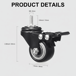 Roue pivotante noire avec frein, roulement de 1,5 pouce, tige filetée M6 pour utilisation industrielle sur meubles - Product Image 1