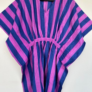 Indian Cotton Handmade Bohemian Striped V-neck Asymmetrical Hem Floor-Length A-Line <b>Kaftan</b> Maxi Dress <b>for</b> <b>Women</b> Breathable - Product Image 4
