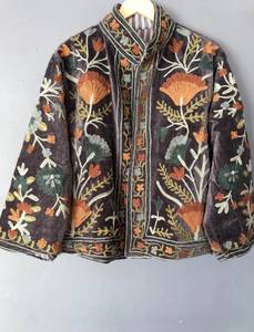 Wholesale Factory Custom <b>Women</b> Heavy Thread Embroidery Charcoal <b>Velvet</b> Jacket Casual Open Front Stand Collar Short <b>Coat</b> OEM - Product Image 3