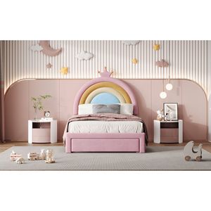 Letto a piattaforma matrimoniale in velluto arcobaleno per bambini, imbottito con cassetto contenitore, design colorato, non richiede rete a molle - Product Image 4