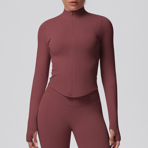 Haut de sport pour femme à col roulé zippé, manches longues, couleur unie, respirant, coupe sportive, longueur normale, pour le printemps - Product Image 3