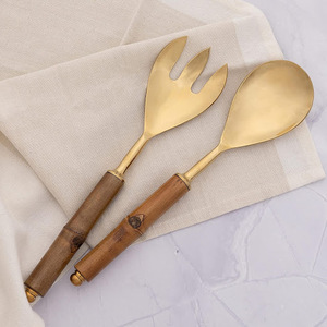 Stylish Gold Finished Metal <b>Salad</b> <b>Server</b> With Acacia Wooden Handle for Home & Wedding Dinner Table Serving Spoon & Forks - Product Image 1