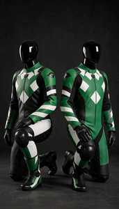 Combinaison de course moto en cuir bicolore vert et noir unisexe adulte une pièce - Product Image 5