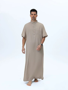 Wholesale Premium Cotton Stand Collar Modest <b>Thobe</b> Islamic Eid Plus Size Floor Length Short Sleeve Quick Dry Breathable 2 Side - Product Image 2