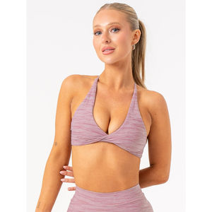 Conjunto de 2 piezas de leggings y sujetador deportivo OEM de alta demanda para mujer, reversibles, color malva liso, con efecto fruncido en V, transpirables y ecológicos, para yoga y fitness. - Product Image 3