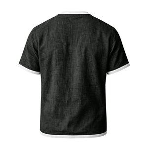 T-shirt à manches courtes en coton et lin respirant et écologique pour homme, avec bordure contrastée, poche poitrine, coupe classique, style décontracté - Product Image 4