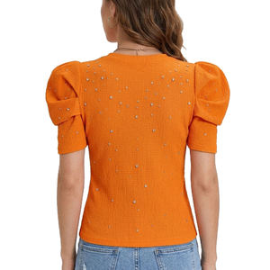 เสื้อถักแขนพองสีส้มสำหรับผู้หญิงพร้อมการตกแต่งด้วยไรน์สโตนทรงเข้ารูปคอกลมแขนสั้นสวมใส่ในฤดูใบไม้ผลิฤดูร้อน - Product Image 2