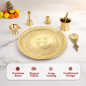 Plateau de prière en laiton avec accessoires, gravé, traditionnel, pour la maison et le mandir - Product Image 4