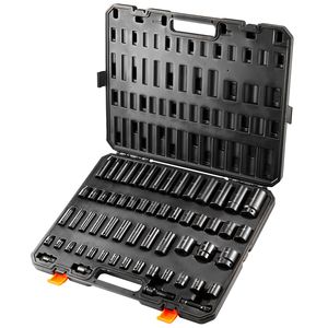 Set di chiavi a bussola a impatto profonde da 59 pezzi in acciaio legato Cr-Mo, con attacco da 3/8 e 1/2 pollici, da SAE 5/16 a 1 1/4 pollici (6-32 mm) metrico, con attacco esagonale a 6 punte, con custodia. - Product Image 1