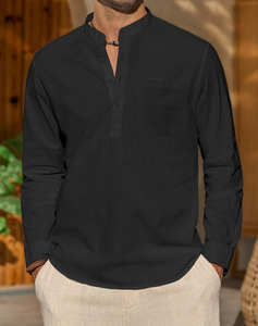 Chemise Homme <span class=keywords><strong>en</strong></span> Lin 100% à Manches Longues, Coupe Droite, Col Henley avec Poche, Qualité Supérieure, Personnalisable OEM, Printemps-Été - Product Image 4