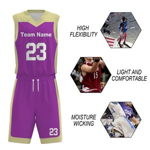 Ensemble de maillot de basket-ball personnalisé violet et or, col en V, sans manches, impression sublimée, polyester à séchage rapide, uniforme unisexe adulte, toutes saisons - Product Image 6