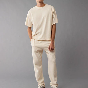 Camiseta de algodón puro de 200 g para hombre, nueva, de corte holgado estilo hip hop con cuello ancho corto y tejido de punto. - Product Image 3