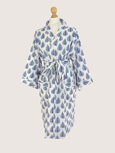 Bata Larga para Mujer con Estampado de Hojas Azules, Manga Larga, Cuello Camisero, 100% Algodón, Suave, Informal, para Verano - Product Image 2