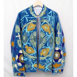 Velvet Knitted Breathable Embroidered Floral <b>Mandarin</b> <b>Collar</b> Full Sleeve Autumn Women's <b>Jacket</b> with Hand Embroidery Design - Product Image 1