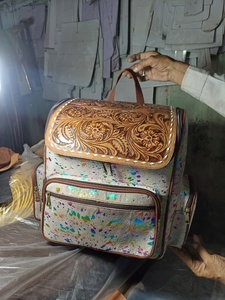 Bohemian Genuine Leather <b>Backpack</b> With <b>Floral</b> Embossing And Colorful Splatter Pattern Zip Closure Daily Use All Seasons - Product Image 1
