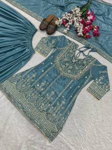 Teal Silk Embroidered Indian Pakistani Traditional <b>Dress</b> With <b>Silver</b> Work Ankle-Length Wedding Wear <b>Women's</b> Regular Fit - Product Image 1