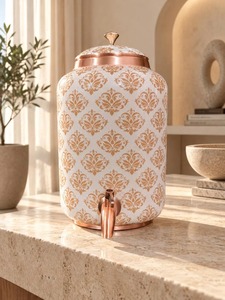 Dispensador de Agua de Cobre con Diseño Único y Elegante, con Tapa y Grifo, Patrón Damasco Blanco y Dorado, Gran Capacidad, Portátil, para Bodas - Product Image 2