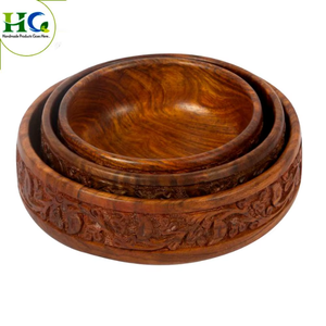 Ensemble de bols de service en bois sculpté pour fruits, salades, collations, vaisselle ronde en bois, articles de table, repas à domicile |   Bol décoratif traditionnel - Product Image 3