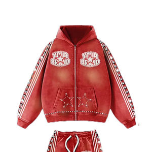 Conjunto de Sudadera con Capucha y Pantalones Deportivos Holgados con Pedrería y Lavado Ácido, Talla Grande Personalizada, Traje Deportivo Ligero de Dos Piezas para Sublimación - Product Image 4