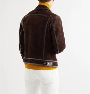 Brown <b>Suede</b> Motorcycle <b>Jacket</b> With Zipper Closure Turn-down Collar Full Sleeve Regular Fit Autumn Men's Outerwear - Product Image 2