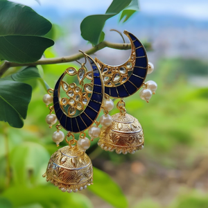 Fine Dangle Earrings-Designer Moon Style Blue Enameled Big Jhumka Jhumki - Product Image 3