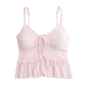 Débardeur en dentelle pour femmes Bretelles spaghetti Cami Col en V Ourlet à volants Top décontracté léger d'été - Product Image 1