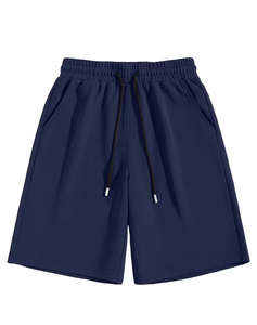 Men's Solid Navy Blue Quick Dry Breathable Lace Elastic Waist Casual Mid Waist Shorts with Pockets Woven Polyester - Product Image 2