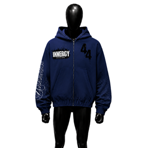 Sweat-shirt décontracté bleu marine à fermeture éclair, manches régulières, coupe oversize, design streetwear, logo imprimé sur le devant, en molleton bouclette, coton urbain brodé - Product Image 1