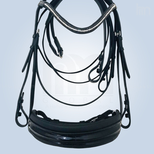 Brida de cuero negro premium personalizada para caballo, ancha, con doble acolchado de neopreno suave, cuero charol, frenteal con cristales ondulados, OEM - Product Image 5