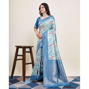 TENDANCE KANJIVARAM SOIE JACQUARD TRAVAIL SAREE AVEC BLOUSE NON COUSTÉE SKY - Product Image 1