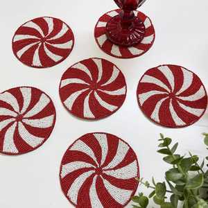 Handmade Beaded Coaster Set Of 5 Red White Swirl Pattern Reusable Bar Mats Novelty <b>Drinkware</b> <b>Accessories</b> - Product Image 3