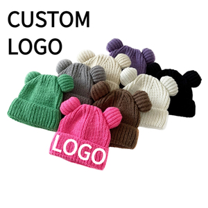 Gorro de Punto Acrílico Unisex de Color Sólido con Orejas de Oso para Bebés, Estilo Casual de Invierno, Tejido Acanalado - Product Image 4