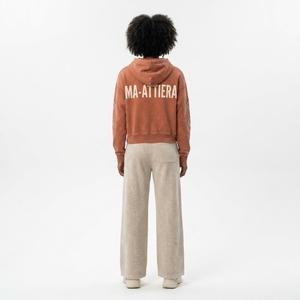 Conjunto de Sudadera con Capucha y Pantalones Jogger de Pierna Ancha para Mujer, Estilo Lavado Color Crema, de Algodón y Felpa, Ropa Deportiva Urbana, OEM al por Mayor - Product Image 2