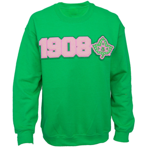 Sudadera Verde de Cuello Redondo con Gráfico Bordado Rosa 1908 y Emblema Decorativo, Sudadera de Manga Larga, Moda Casual para Mujer - Product Image 1
