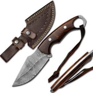 Couteau à lame fixe en acier Damas forgé à la main, manche ergonomique en bois de rose avec 4 trous pour les doigts, prise ferme, qualité industrielle, pour l'extérieur - Product Image 1