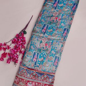 Tissu jacquard brodé bleu aqua avec motif floral et bordure éléphant pour écharpes et châles pour femmes, garçons et filles - Product Image 5