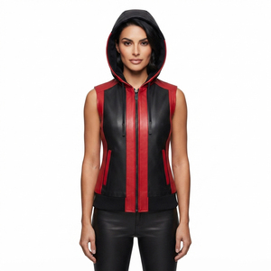 Fashion Women's Hooded Leather Vest Women's Leather Sleeveless Hoodie with <b>Zipper</b> Female Side Pockets Leather Hood Vest - Product Image 1