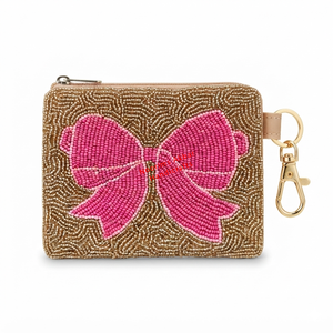 Pink <b>Bow</b> Beaded Coin Purse Wristlet Wallet with Keychain <b>Clip</b> Handmade Zipper Pouch Wholesale Supplier - Product Image 1