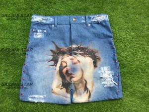 Denim <b>Shorts</b> Streetwear Summer High Waist Straight 100% Cotton Distressed Ripped DTG Print with Rhine Stones - Product Image 1