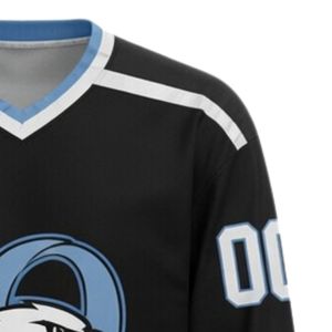 Men Black Blue Sublimated <b>Ice</b> Hockey Printable Polyester V Neck Jersey Long Sleeve Athletic Performance Sports Wear - Product Image 5