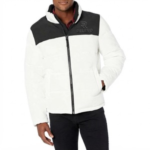 Relevo <b>Men's</b> <b>White</b> Black Color Block <b>Puffer</b> <b>Jacket</b> Waterproof Windproof Hooded Zipper Front Casual Spring Eco-Friendly 100% - Product Image 1