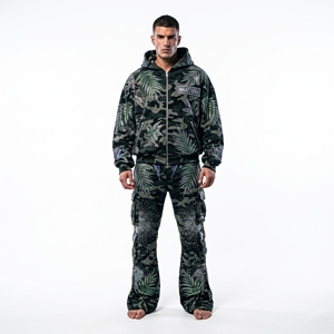<b>Mens</b> <b>Camo</b> Tracksuit Set Rhinestone Leaf Print Hoodie <b>Cargo</b> Pants Custom Streetwear Sportswear Matching Outfit - Product Image 6